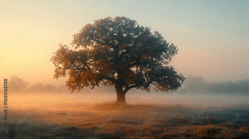 Solitary Tree in a Misty Sunrise Solitary Tree in a Misty Sunrise