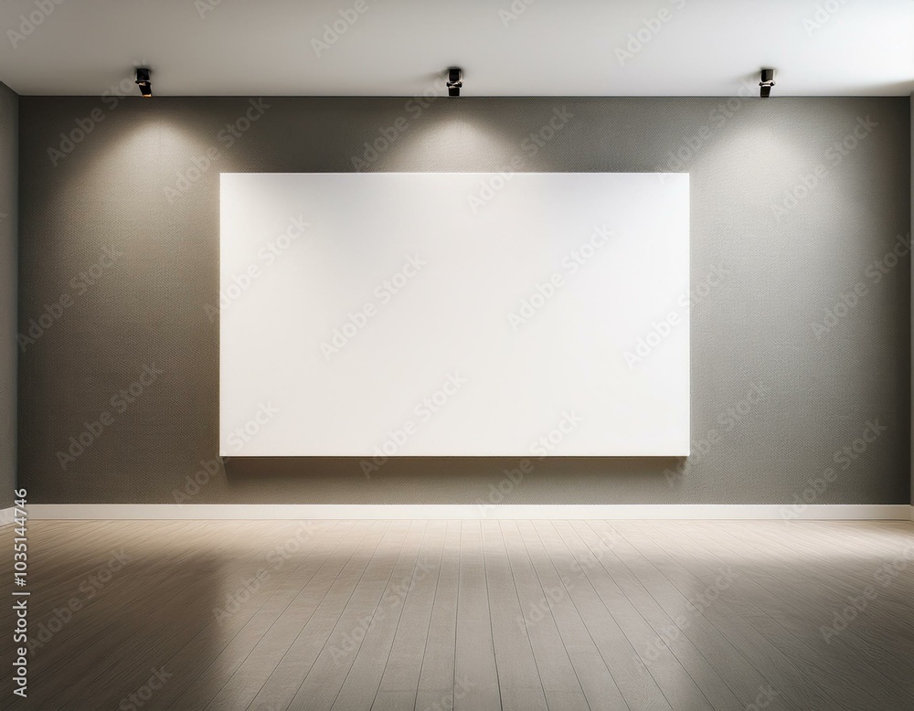 Photo blank white canvas holding contemporary gallery. Modern open space expo with concrete floor. Place for business information. Horizontal mockup. 3d Render