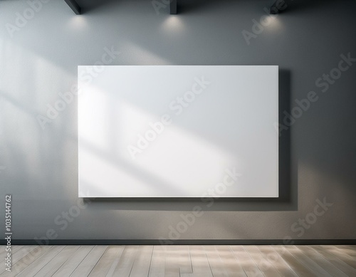 Photo blank white canvas holding contemporary gallery. Modern open space expo with concrete floor. Place for business information. Horizontal mockup. 3d Render