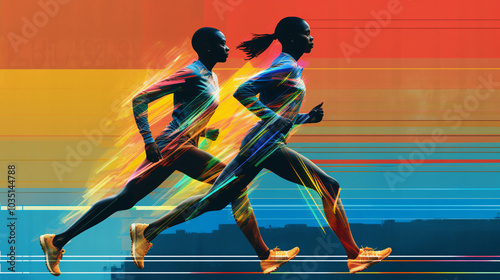 African American man and woman running in abstract background. Sport, fitness and healthy lifestyle concept. Double exposure