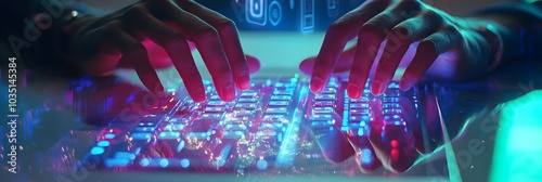 Close up view of a person s hands typing on a futuristic holographic keyboard projected above a sleek minimalist laptop computer surrounded by various virtual icons and digital elements photo