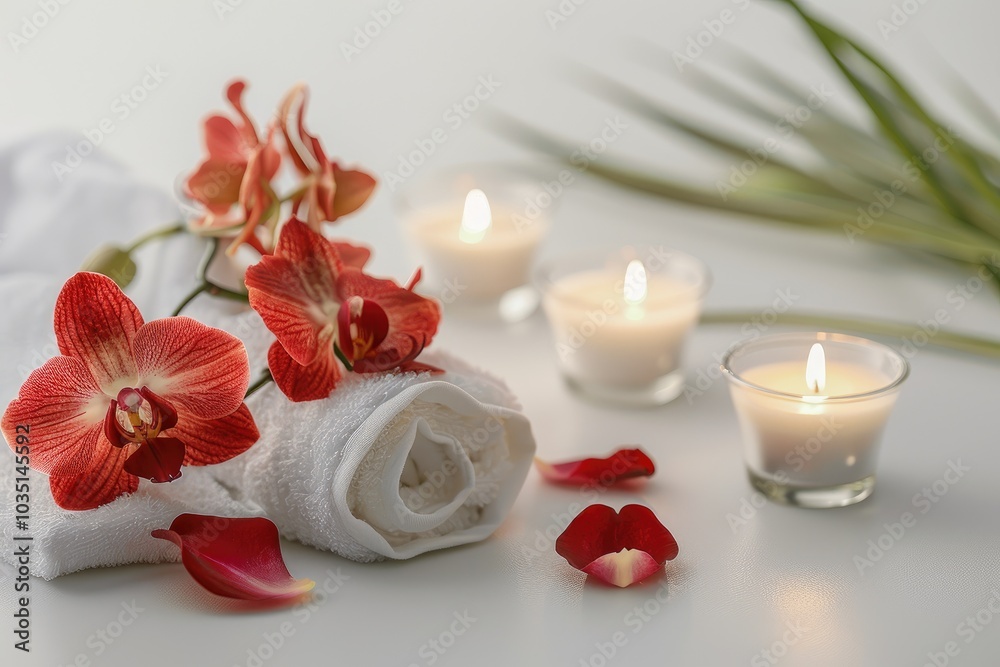 A stack of towels, candles, and flowers arranged on a table A stack of towels, candles, and flowers arranged on a table