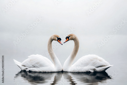 A pair of elegant swans form a heart shape while gliding gracefully on a misty lake at dawn