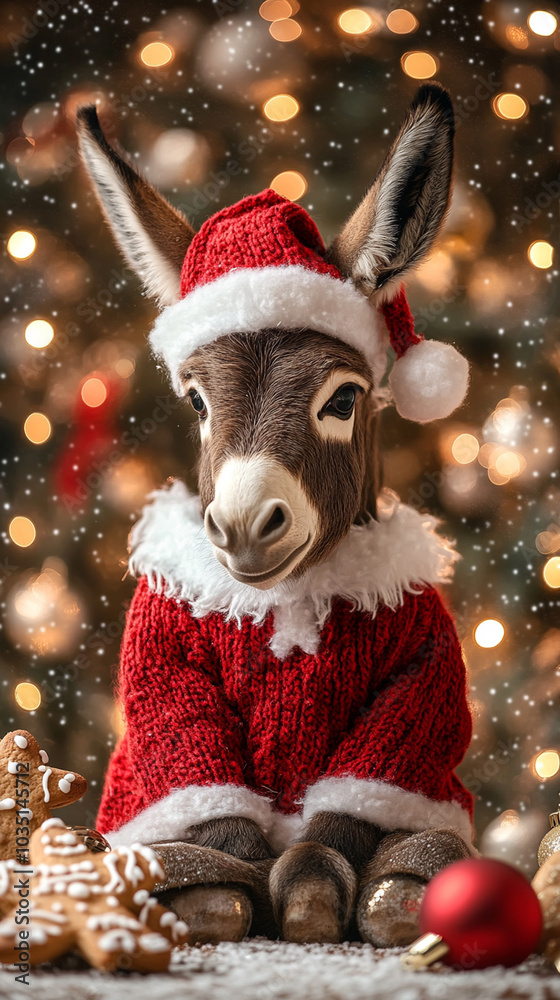Xmas vibes - christmas mood - happy funny cute donkey wearing santa claus hat in front of christmas tree. Vertical banner for instagram story, reel or tiktok Xmas vibes - christmas mood - happy funny cute donkey wearing santa claus hat in front of christmas tree. Vertical banner for instagram story, reel or tiktok