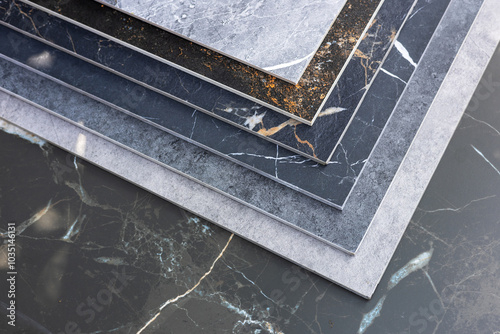 Fotografija Colored samples of ceramic tiles for kitchen or bathroom interior material desig