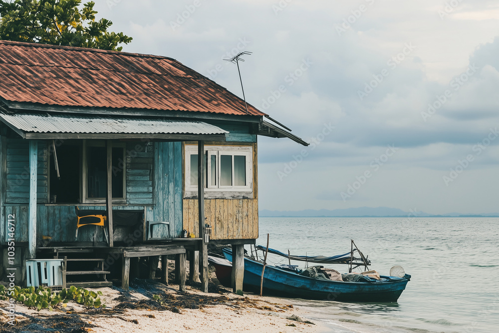 Aerial view of local fisher man house on the beach with fisher man boat, Landscape view of house near the beach with wooden dock for small boat. Aerial view of local fisher man house on the beach with fisher man boat, Landscape view of house near the beach with wooden dock for small boat.