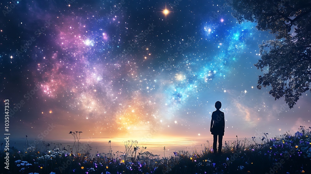 Background image: A silhouette of a person standing and looking at a nebula in the sky, Majestic universe Background image: A silhouette of a person standing and looking at a nebula in the sky, Majestic universe