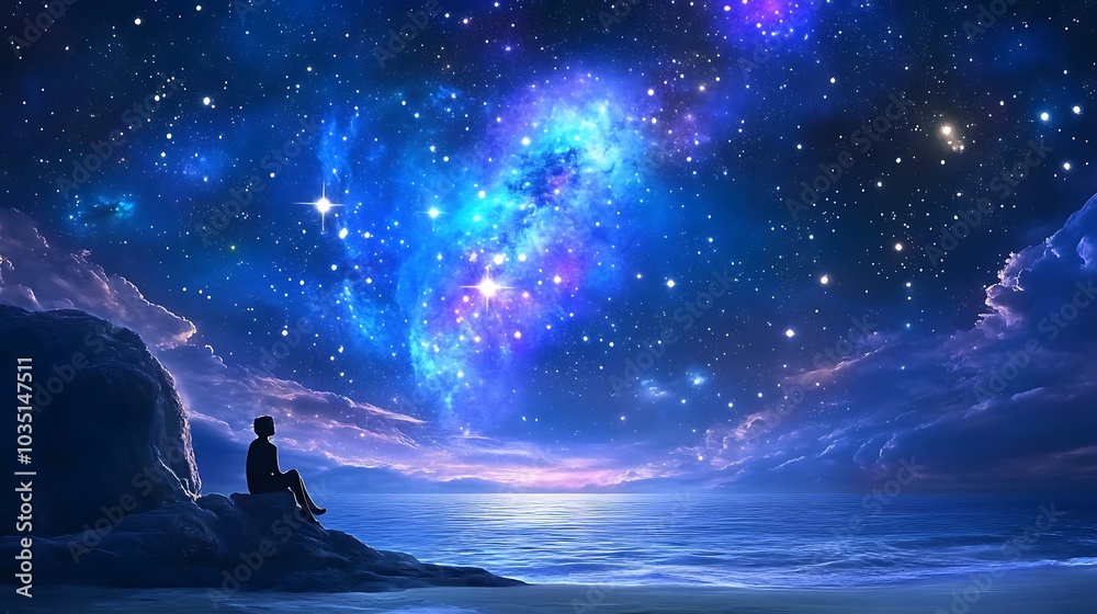 Background image: A young man sits on the beach by the sea looking at the beautiful universe. Background image: A young man sits on the beach by the sea looking at the beautiful universe.