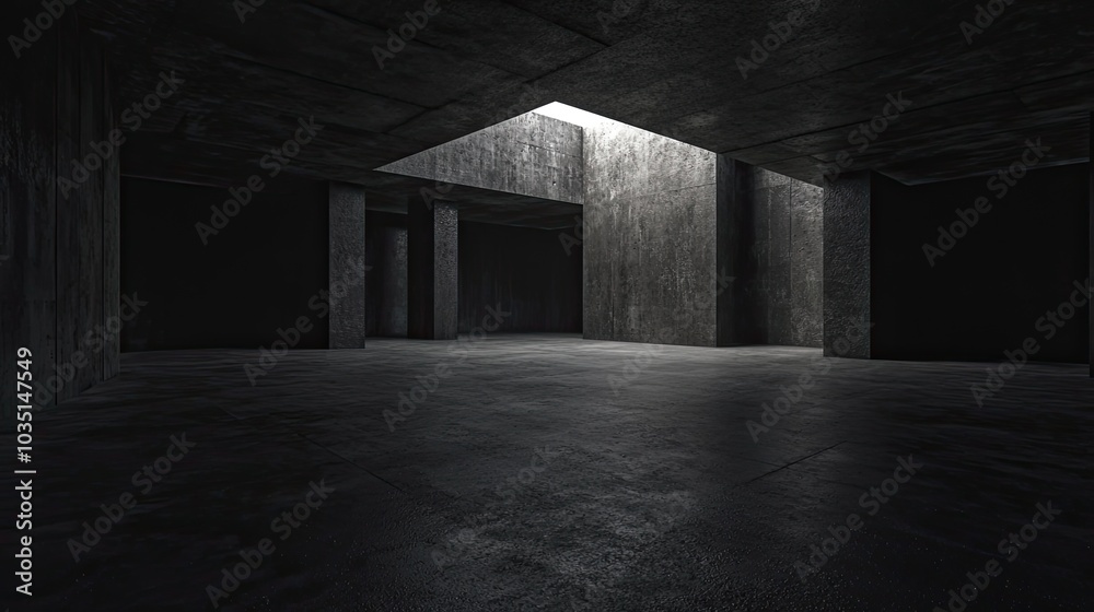 Abstract empty dark room with concrete wall and floor. Black interior background for presentation, mockup, or design Abstract empty dark room with concrete wall and floor. Black interior background for presentation, mockup, or design