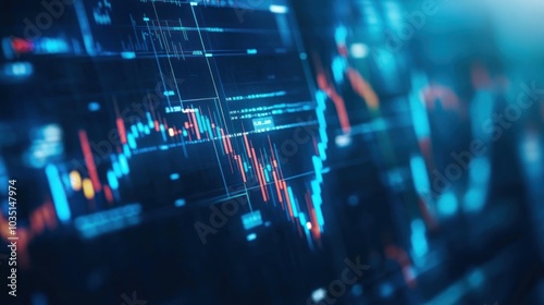 Close-up of a financial trading screen displaying dynamic stock market charts and graphs with fluctuating data, symbolizing high-tech investment and trading activities.