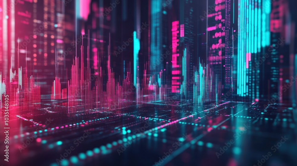 Abstract digital landscape with glowing neon lines and bars, representing a futuristic cityscape or data analytics visualization in a cyberspace environment. Abstract digital landscape with glowing neon lines and bars, representing a futuristic cityscape or data analytics visualization in a cyberspace environment.