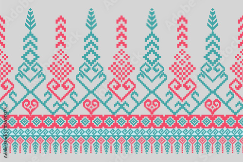 Seamless geometric pattern . pixel pattern. Design for clothing  fabric batik  wrapping  handcraft 
textile cultural stitching pixel art , Cross stitch pattern
