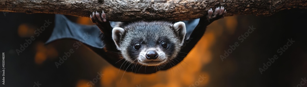 A black-footed ferret hangs upside down from a branch, looking curiously at the camera.