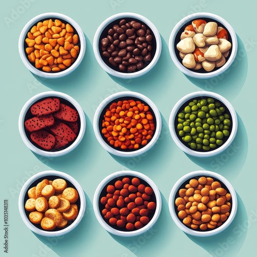 Assortment of Colorful Dried Beans in White Bowls