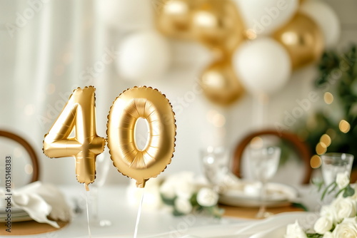 Golden helium floating balloons made in shape of number forty. Birthday jubilee party or wedding anniversary for 40 years celebration. Elegant white decorations	 photo