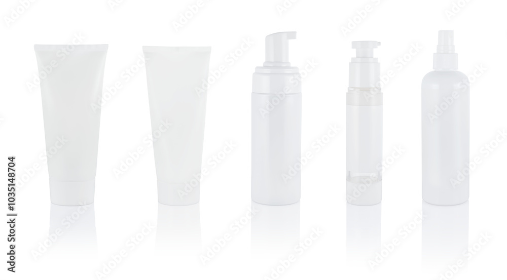 White cosmetic tubes and bottles isolate on white, serum, cream, micellar water. With dispenser. Set or collection White cosmetic tubes and bottles isolate on white, serum, cream, micellar water. With dispenser. Set or collection