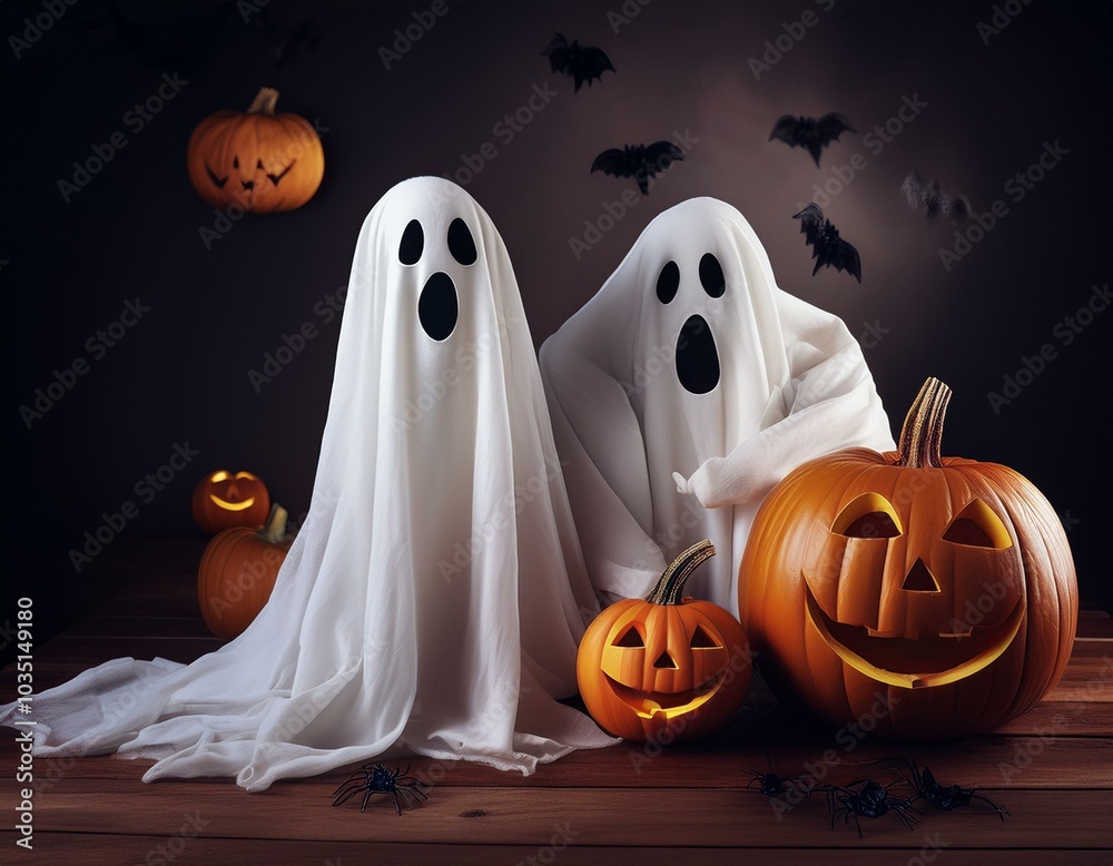 Halloween ghosts and pumpkin smiles and scary eyes for the party night. Halloween ghosts and pumpkin smiles and scary eyes for the party night.