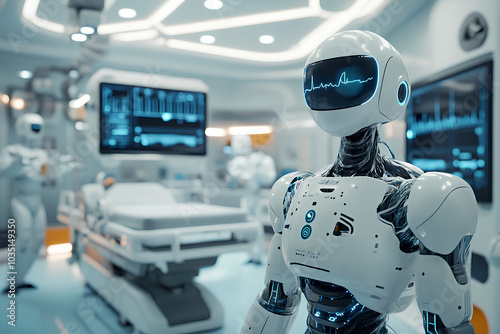 A futuristic AIpowered hospital with robots and advanced diagnostic tools, symbolizing healthcare transformed by AI