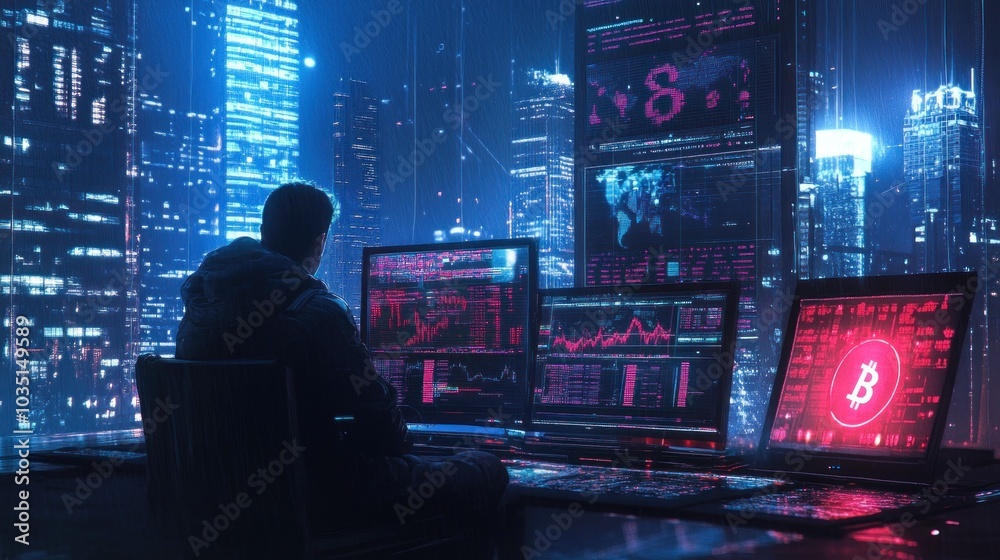 A person seated before multiple screens displaying graphs and cryptocurrency symbols, with a futuristic cityscape illuminated by neon lights in the background. A person seated before multiple screens displaying graphs and cryptocurrency symbols, with a futuristic cityscape illuminated by neon lights in the background.