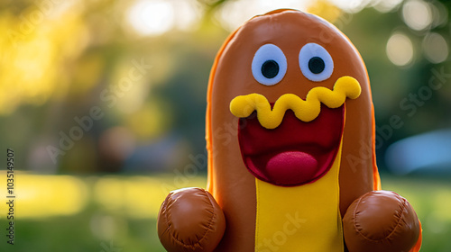 A funny hotdog costume with mustard and ketchup details for Halloween. photo