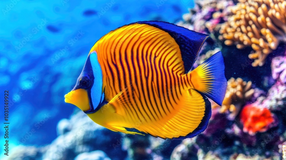 Yellow and Blue Striped Angelfish Swimming Near Coral Reef Yellow and Blue Striped Angelfish Swimming Near Coral Reef