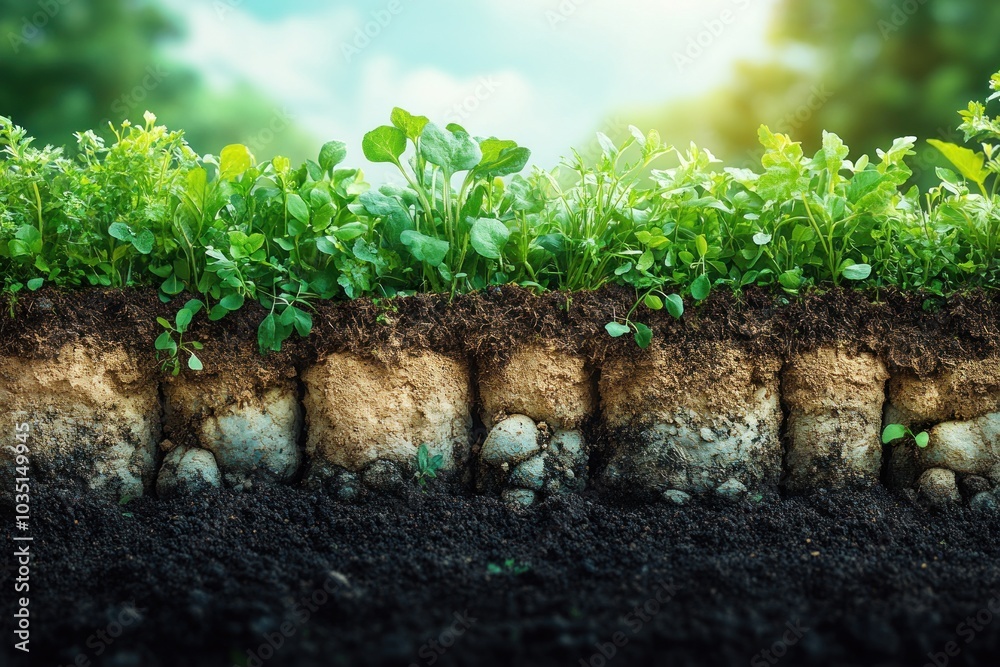 A cross-section of soil with green plants growing in the top layer. A cross-section of soil with green plants growing in the top layer.