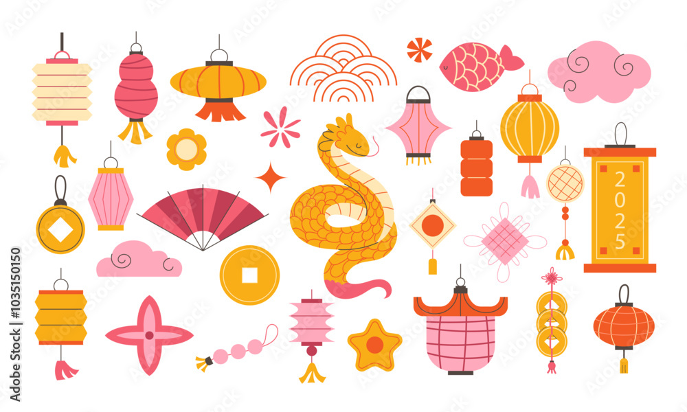 set of hand-drawn elements for Chinese New Year set of hand-drawn elements for Chinese New Year