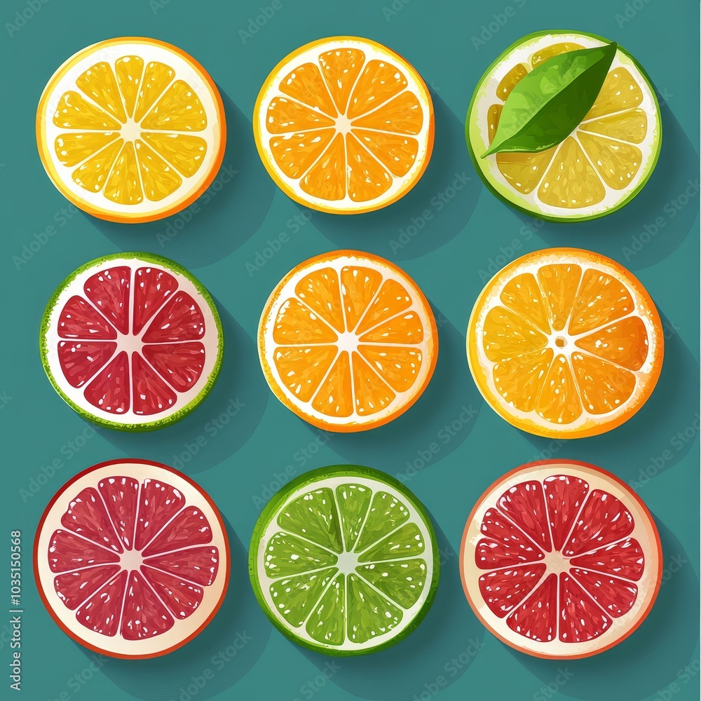 Fototapeta premium Citrus Fruit Slices Lemon Lime Orange Grapefruit Flat Lay Top View