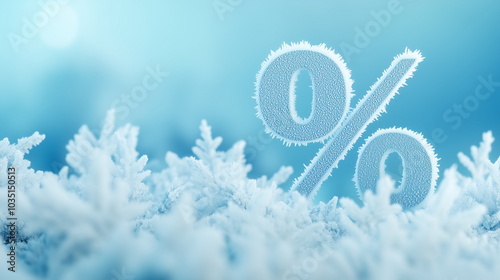 Blue sign of percent at winter snow background	
