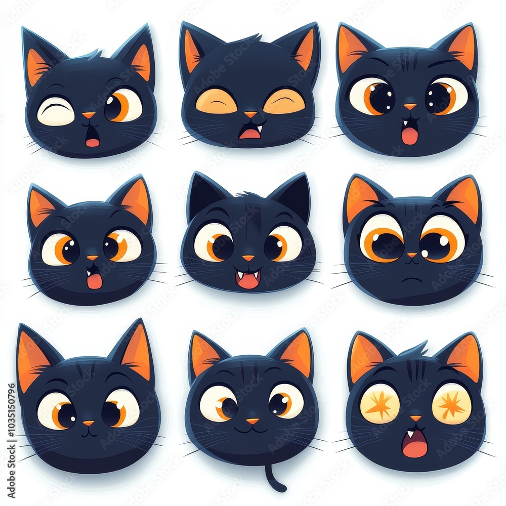 Cute Black Cat Cartoon Faces with Different Expressions Emojis Avatar Emoticons Vector Cute Black Cat Cartoon Faces with Different Expressions Emojis Avatar Emoticons Vector
