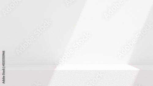 Minimalistic, simple, and light background for product presentation. Streaming sunlight casts soft shadows from a window onto a white-gray wall and floor, creating a clean and elegant atmosphere.