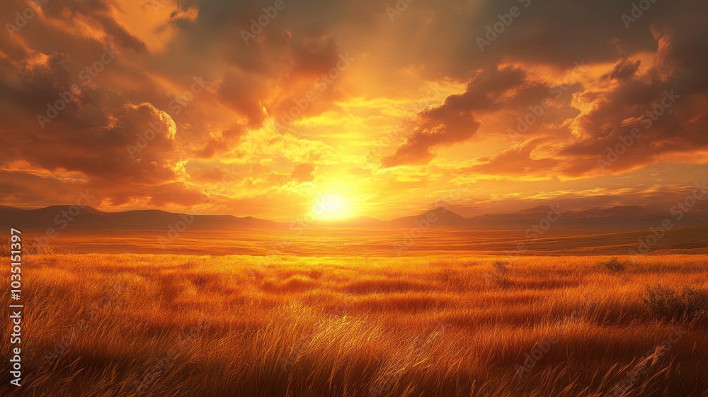 Sunset Over a Golden Field with Distant Mountains Sunset Over a Golden Field with Distant Mountains