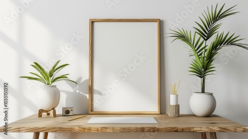 A contemporary minimalist home office with a wooden desk and white walls. The desk has a blank picture frame and a sleek, elegant clock. Soft