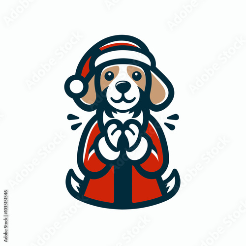 Beagle in santa claus costume clapping joyfully