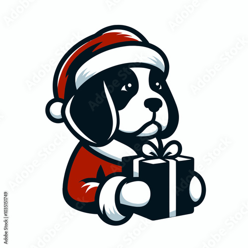 Beagle in santa costume with present