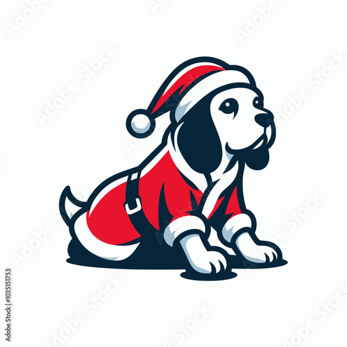 Beagle in santa claus costume leaning forward