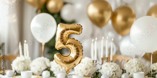 Golden helium floating balloons made in shape of number five. Birthday jubilee party or wedding anniversary for 5 years celebration. Elegant white decorations 