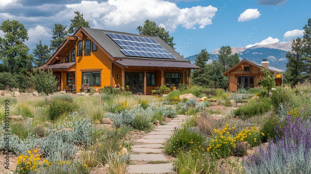 Exterior view of a modern energy efficient house equipped with solar panels and sustainable appliances showcasing a clean green and environmentally conscious approach to residential design Exterior view of a modern energy efficient house equipped with solar panels and sustainable appliances showcasing a clean green and environmentally conscious approach to residential design