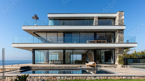 A contemporary two-story villa by the sea, featuring a large terrace and an empty pool space in front. The villa is constructed with stone and glass