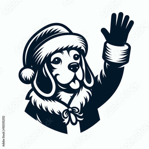 Beagle in santa costume waves cheerfully