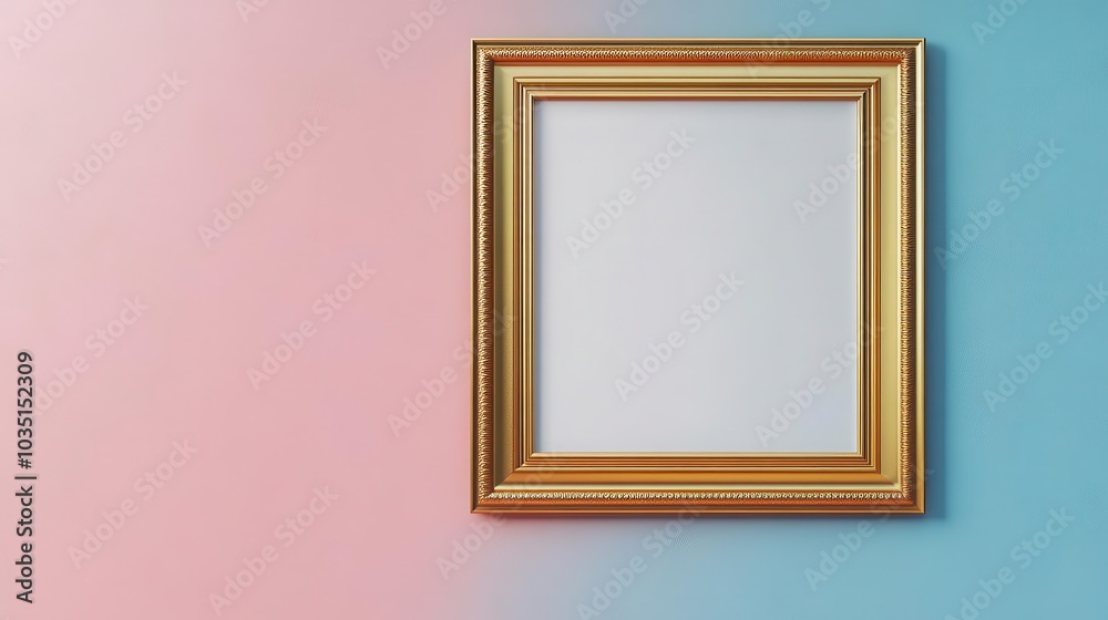 Gold frame mockup hanging on a pastelcolored wall, closeup view, blank interior, ultrarealistic detail of metallic edges and pristine design space Gold frame mockup hanging on a pastelcolored wall, closeup view, blank interior, ultrarealistic detail of metallic edges and pristine design space