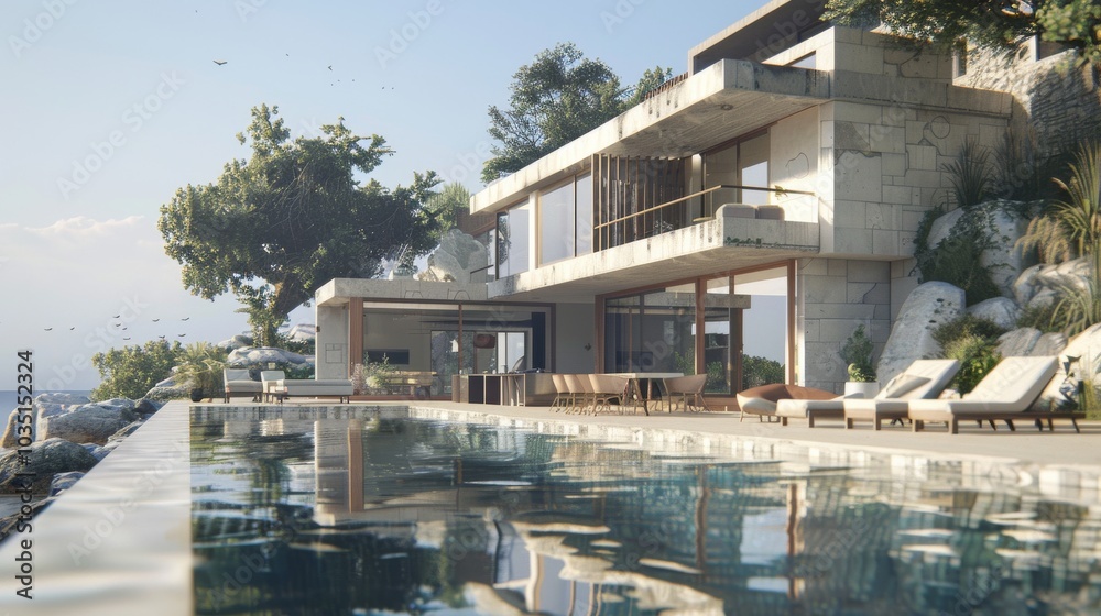 Obraz premium A contemporary two-story villa by the sea, featuring a large terrace and an empty pool space in the front. The villa is constructed with stone and glass