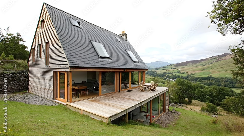 Fototapeta premium Sleek and Sustainable Eco Friendly Modern Home with Solar Panels and Energy Efficient Appliances