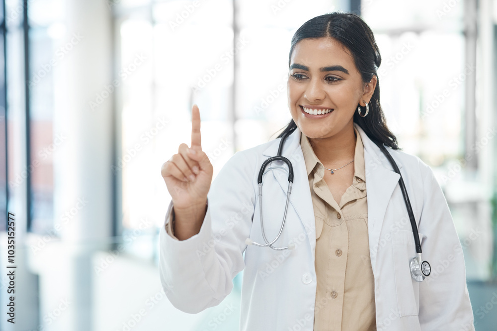 Finger, click and woman in hospital, doctor and innovation for healthcare, smile and career ambition. Person, medical and professional with hand gesture, press and future with confidence and joyful Finger, click and woman in hospital, doctor and innovation for healthcare, smile and career ambition. Person, medical and professional with hand gesture, press and future with confidence and joyful