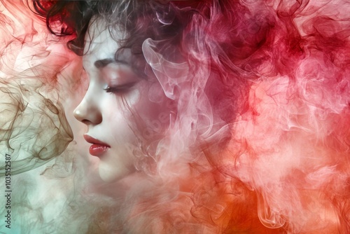 Woman’s face merging with colorful smoke clouds symbolizing transformation creativity and the fluid nature of emotions in a surreal dreamlike visual experience
