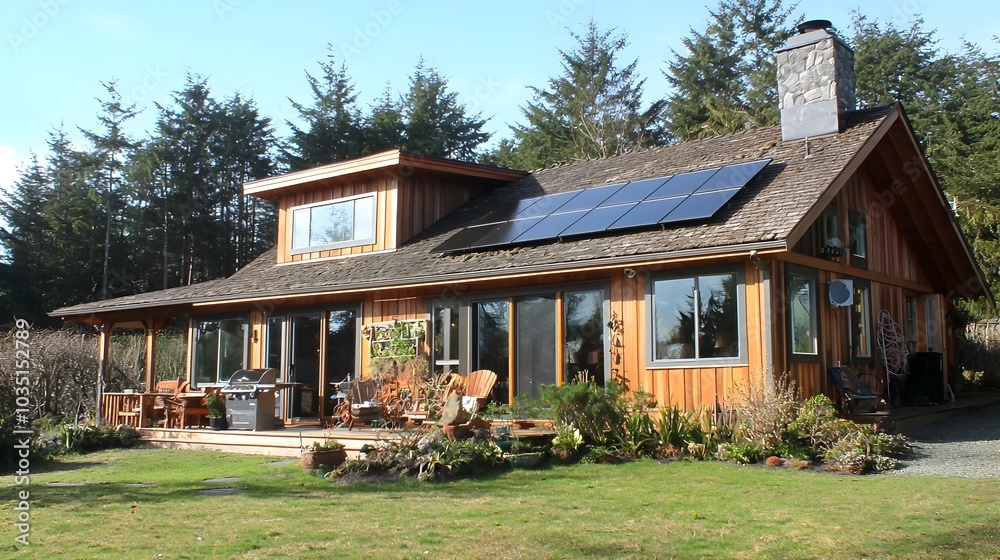 A modern energy efficient home with solar panels high performance windows and environmentally friendly appliances showcasing a sustainable and eco conscious living space A modern energy efficient home with solar panels high performance windows and environmentally friendly appliances showcasing a sustainable and eco conscious living space