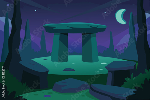 Ancient Celtic stone platform in forest at night vector illustration