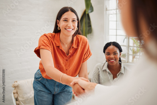 Women, handshake and smile with welcome at startup with hello, support and introduction with deal at office. Business people, happy and diversity with hiring, agreement and meeting at creative agency