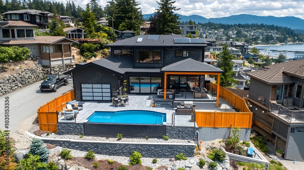 Obraz premium Photograph of a modern energy efficient house with solar panels on the roof and other sustainable design elements for an eco friendly environmentally conscious lifestyle