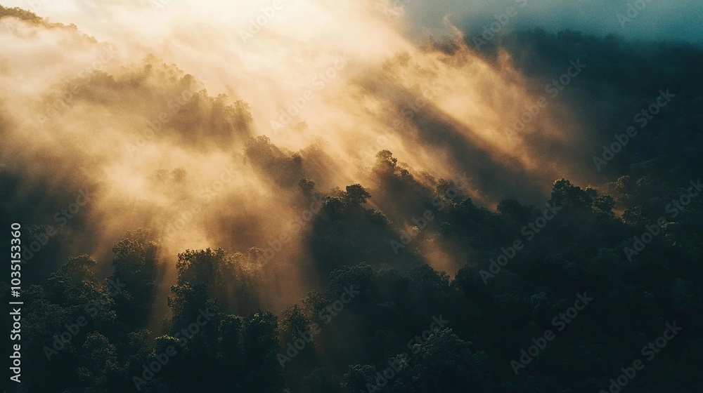 Fototapeta premium Ethereal Fog and Light Rays in a Forest Landscape